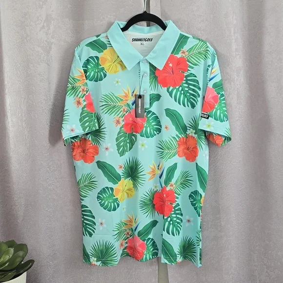SHANKITGOLF Men’s Green Hawaiian Tropical Print Golf Polo, Size XL, NWT - Picture 2 of 6